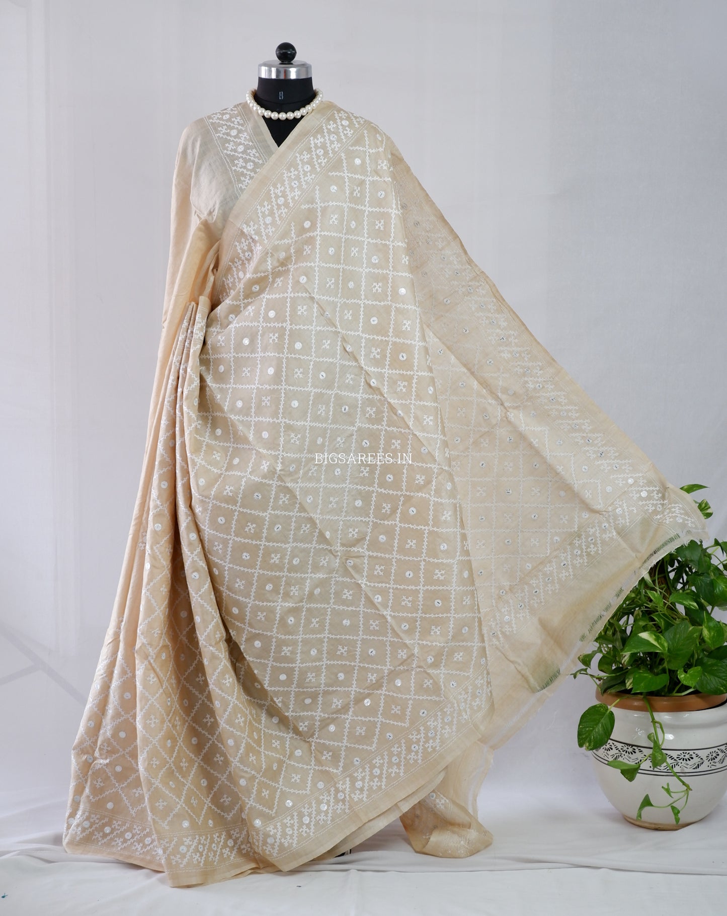 Kutchi Hand Embroidered Saree | Tassar Silk | Silk Marked | Beige