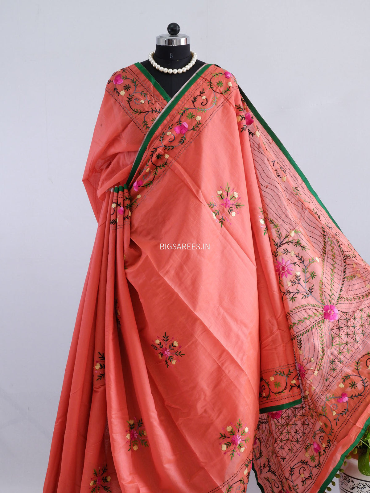 Phulkari Hand-Embroidered Saree | Chanderi Silk | Scarlet Red
