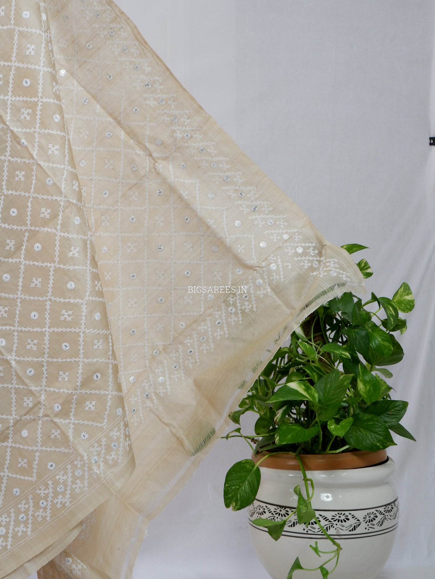 Kutchi Hand Embroidered Saree | Tassar Silk | Silk Marked | Beige