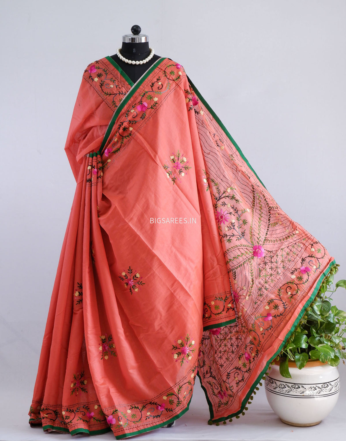 Phulkari Hand-Embroidered Saree | Chanderi Silk | Scarlet Red
