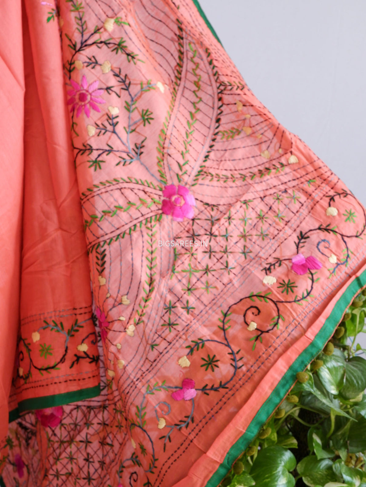 Phulkari Hand-Embroidered Saree | Chanderi Silk | Scarlet Red