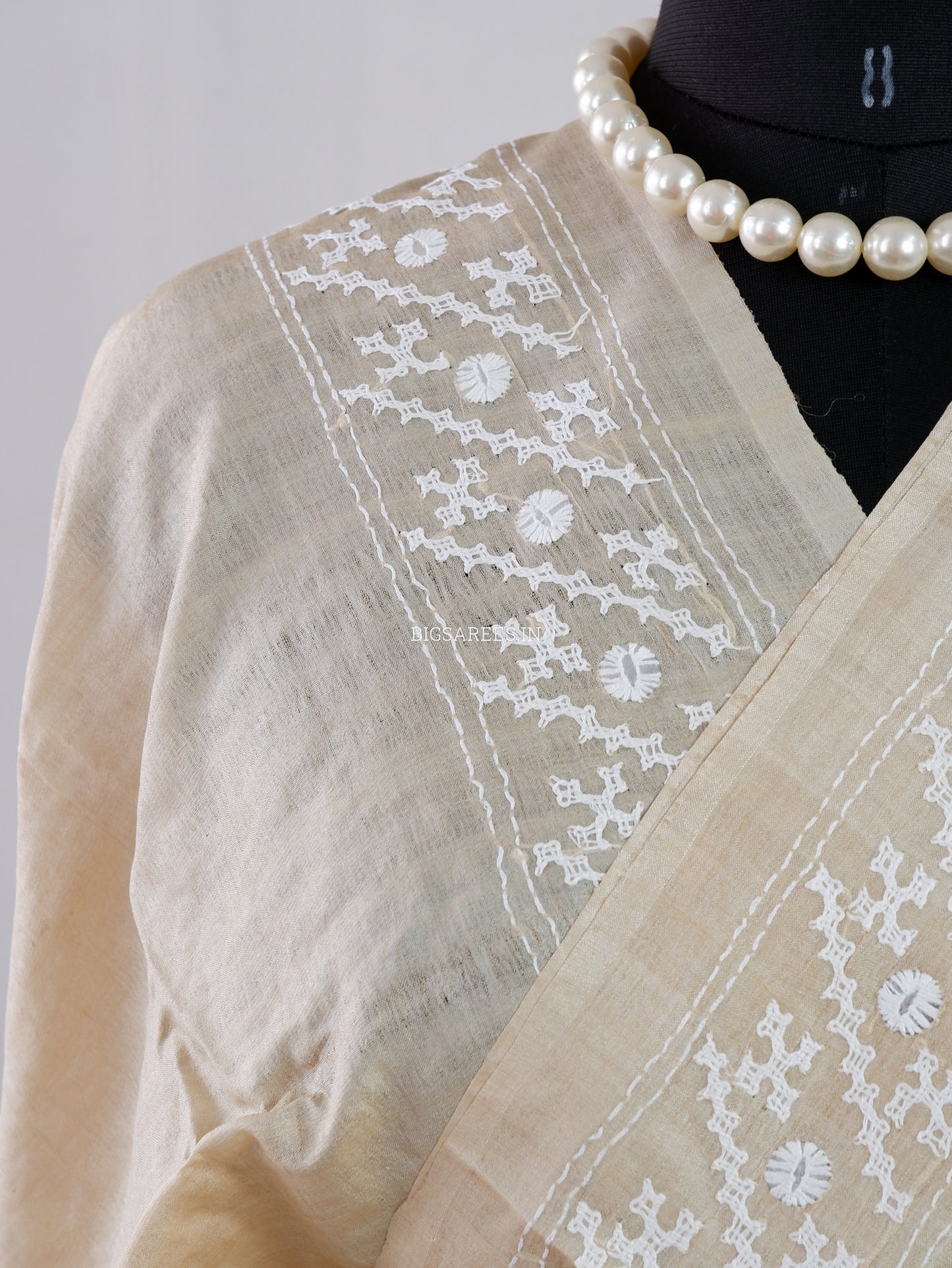 Kutchi Hand Embroidered Saree | Tassar Silk | Silk Marked | Beige