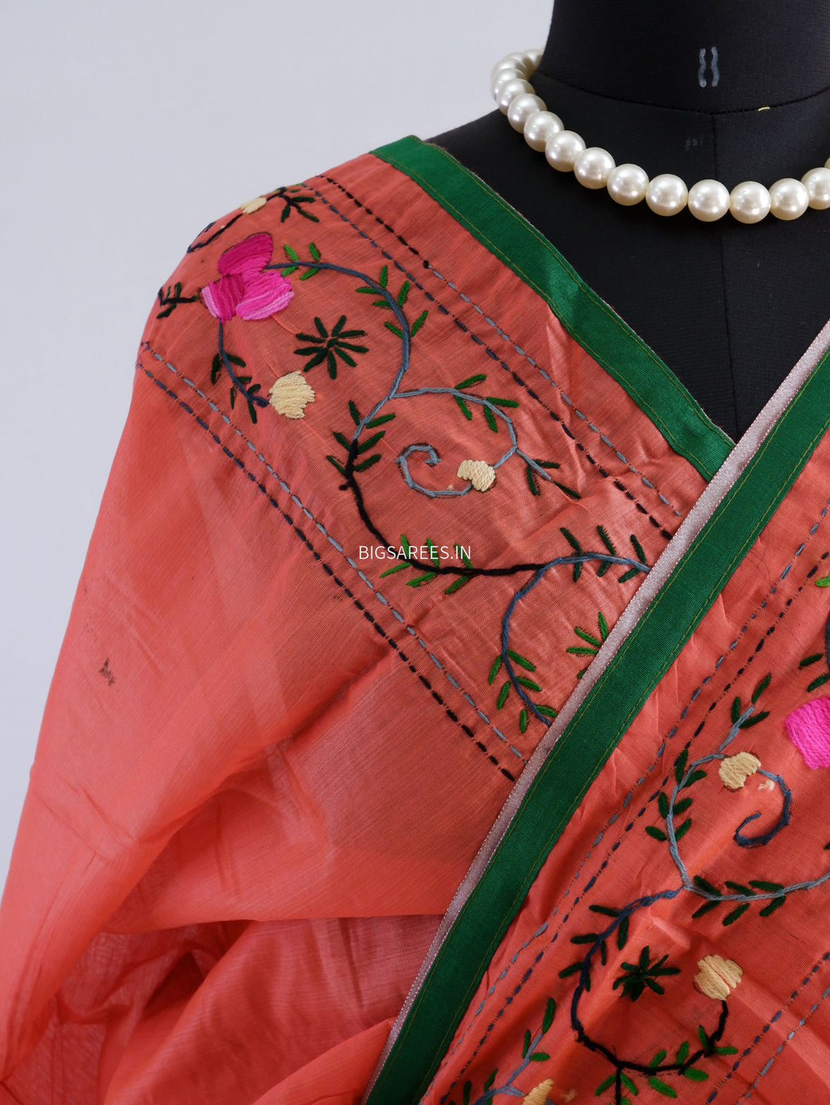 Phulkari Hand-Embroidered Saree | Chanderi Silk | Scarlet Red