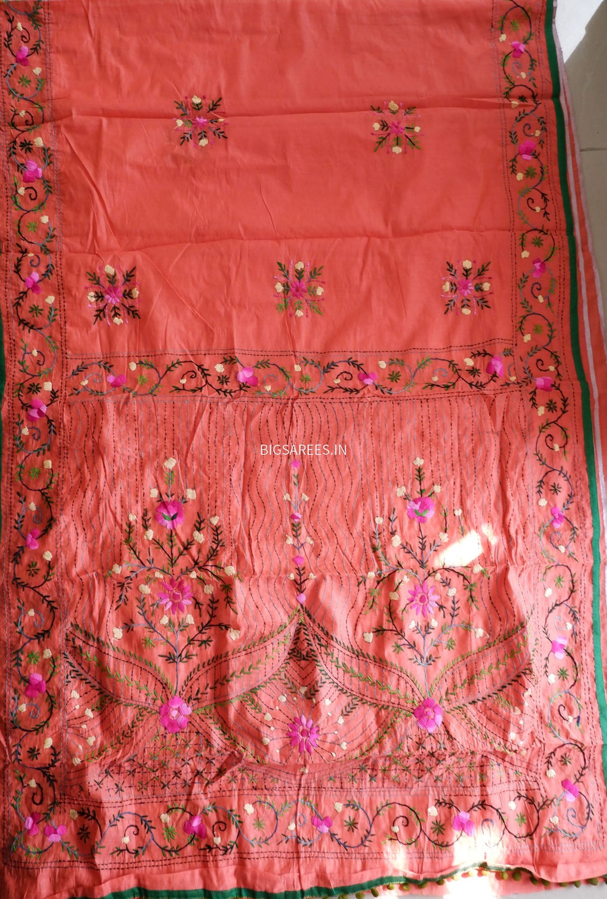 Phulkari Hand-Embroidered Saree | Chanderi Silk | Scarlet Red