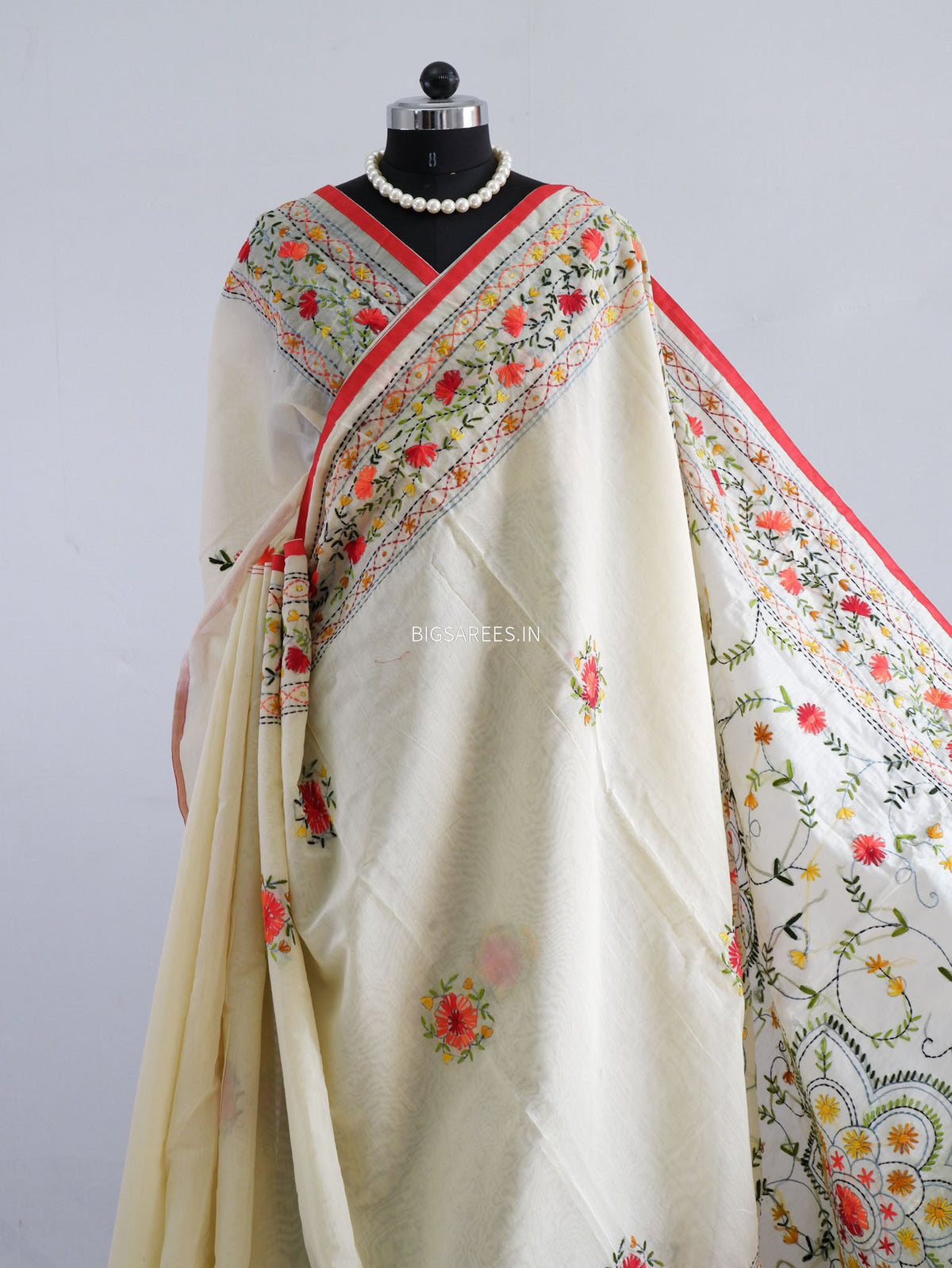 Phulkari Hand-Embroidered Saree | Chanderi Silk | Soft Green