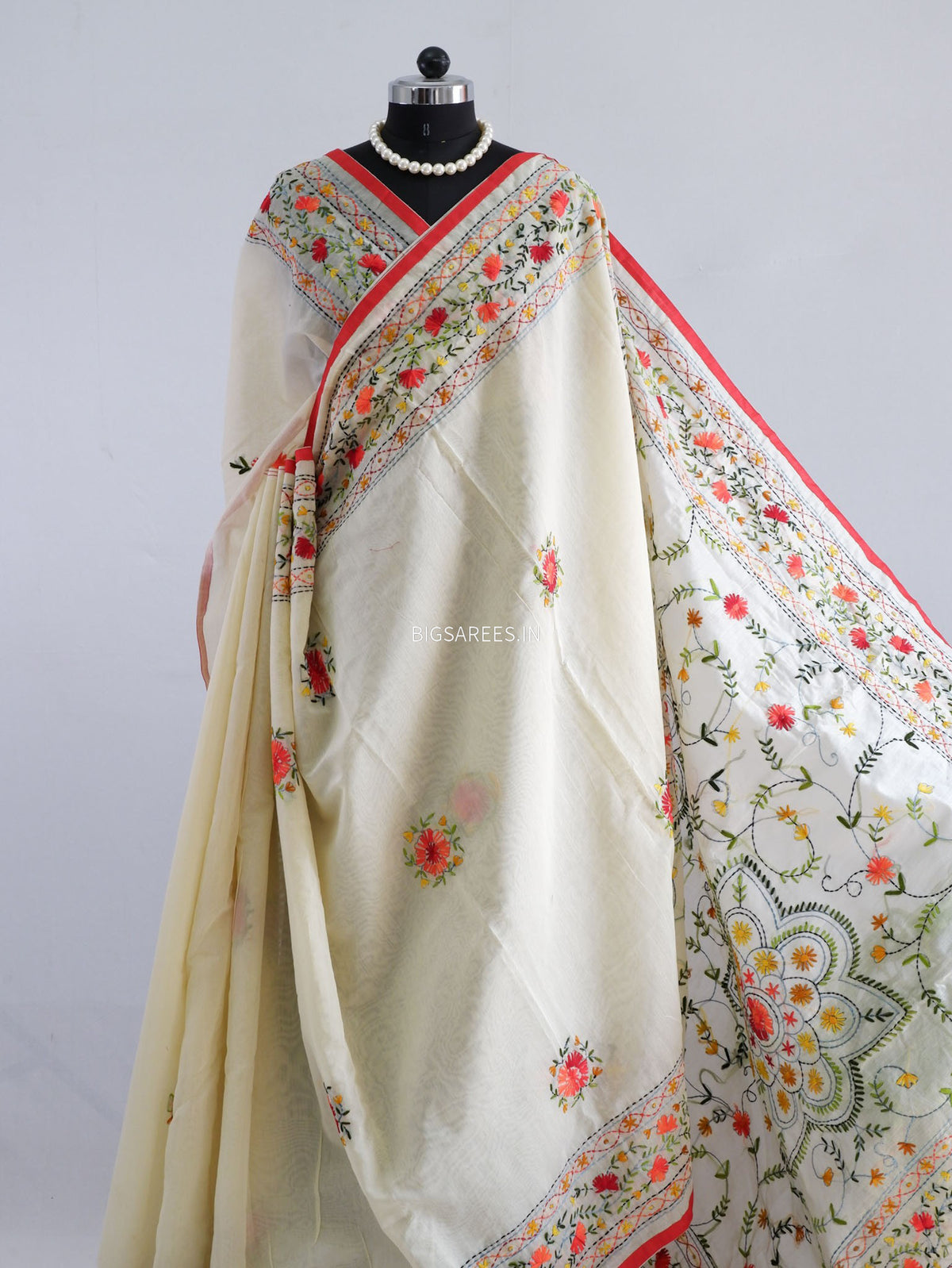 Phulkari Hand-Embroidered Saree | Chanderi Silk | Soft Green