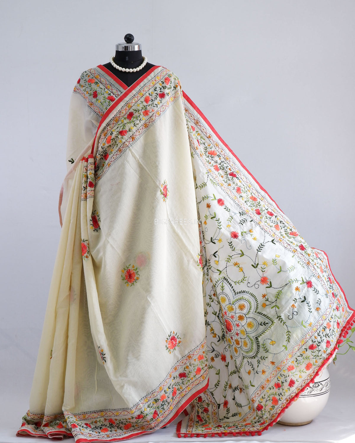Phulkari Hand-Embroidered Saree | Chanderi Silk | Soft Green