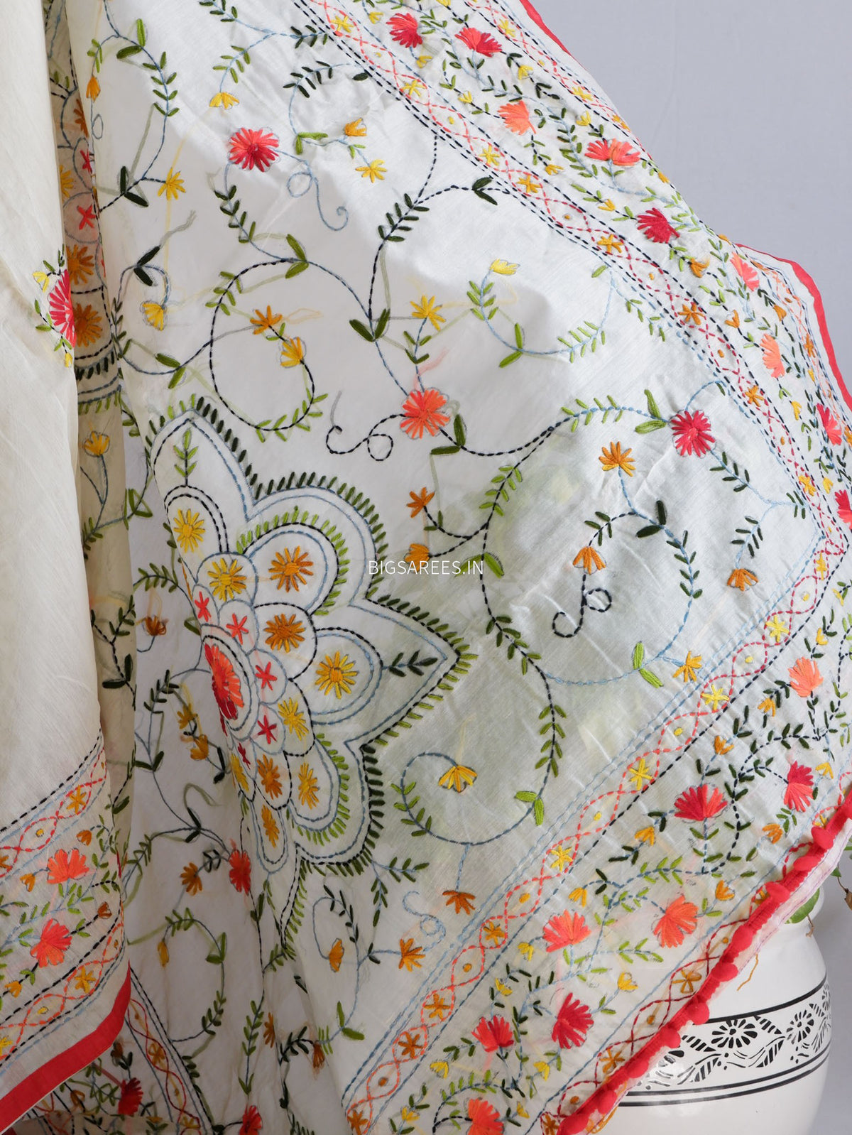 Phulkari Hand-Embroidered Saree | Chanderi Silk | Soft Green