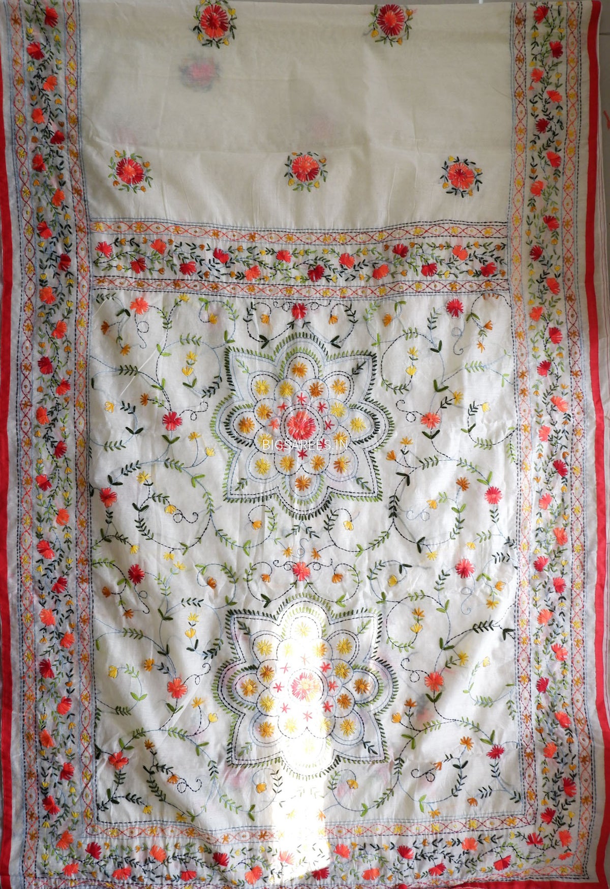 Phulkari Hand-Embroidered Saree | Chanderi Silk | Soft Green