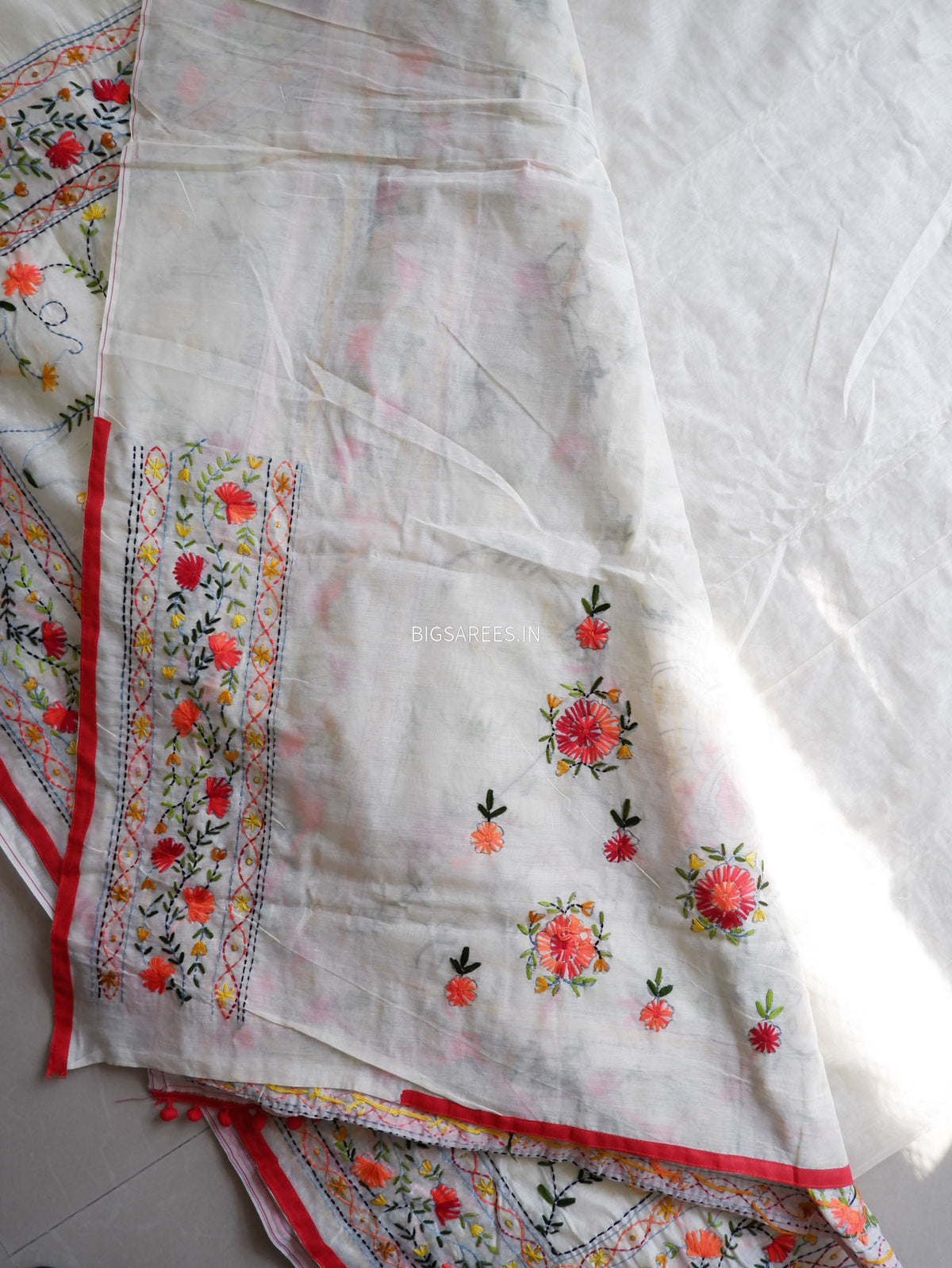 Phulkari Hand-Embroidered Saree | Chanderi Silk | Soft Green