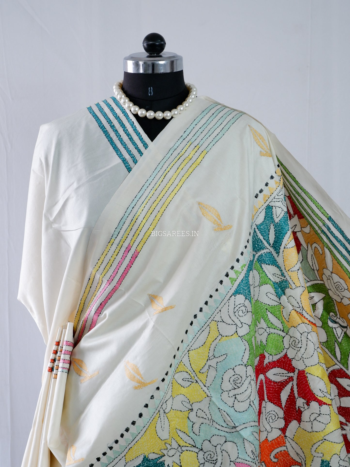 Reverse Kantha Stitch Hand Embroidered Saree | Mix Tussar Silk |  Off White