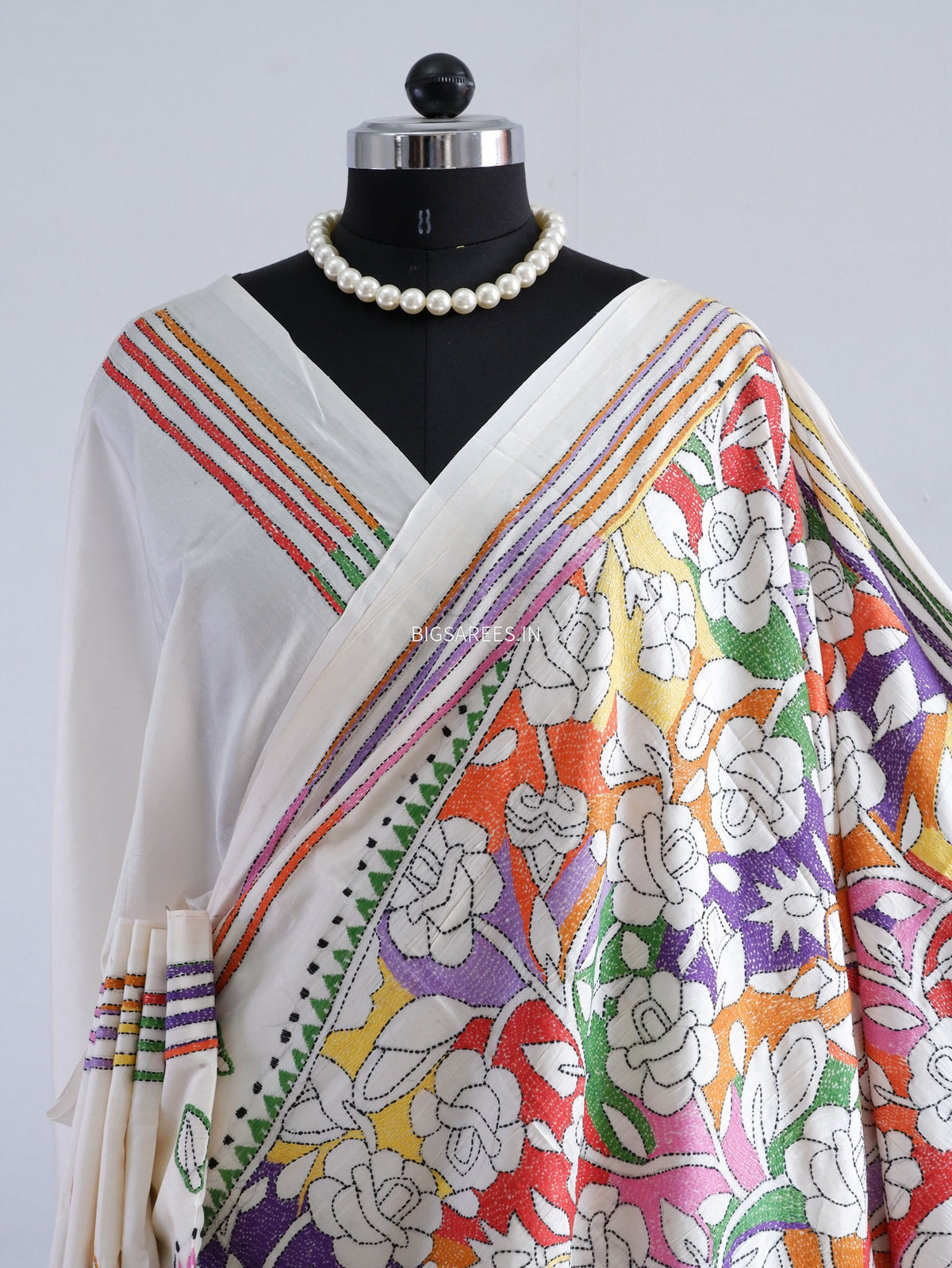 Reverse Kantha - Stitch Hand Embroidered Saree | Art Silk | Off White