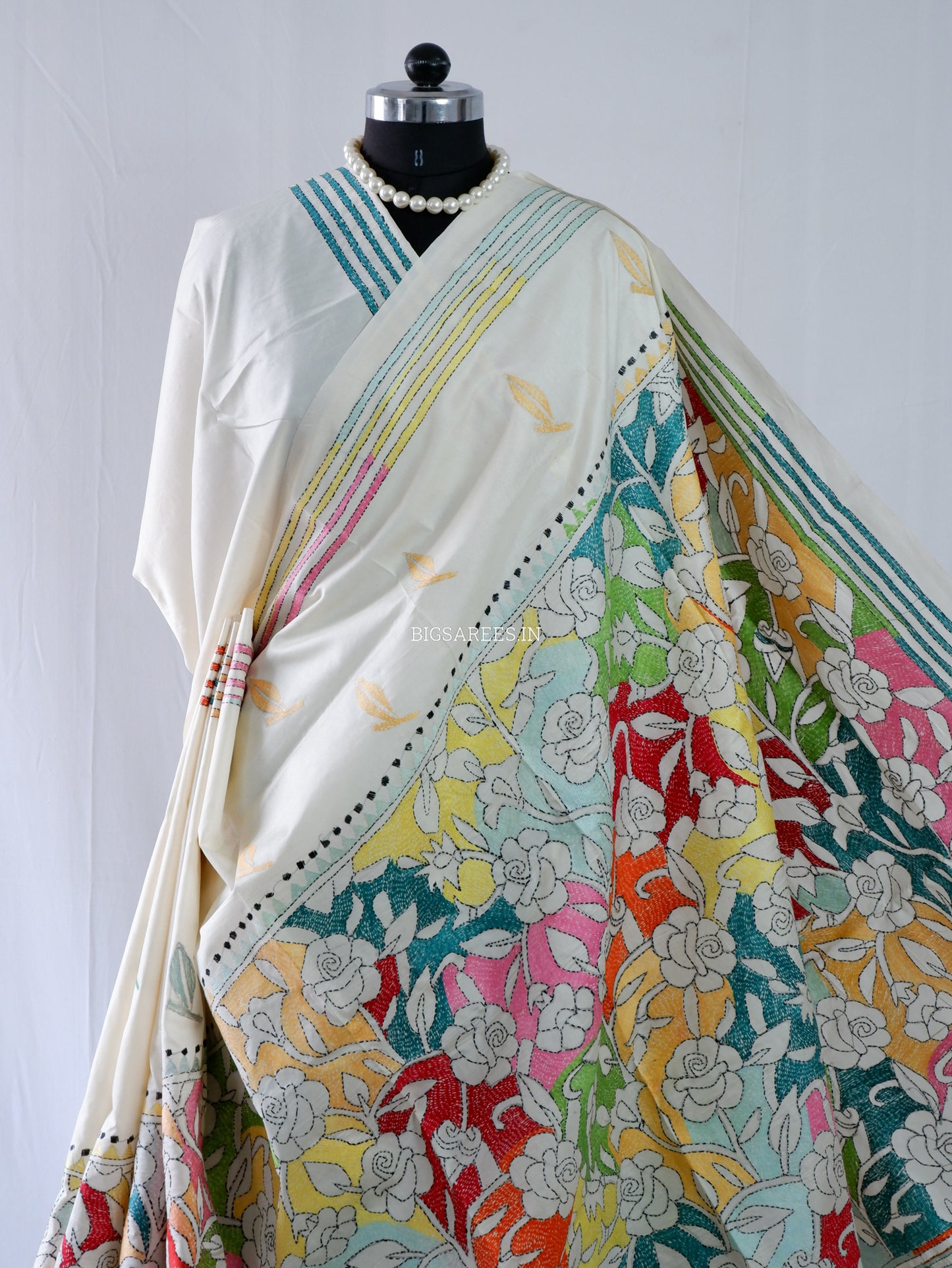 Reverse Kantha Stitch Hand Embroidered Saree | Mix Tussar Silk |  Off White