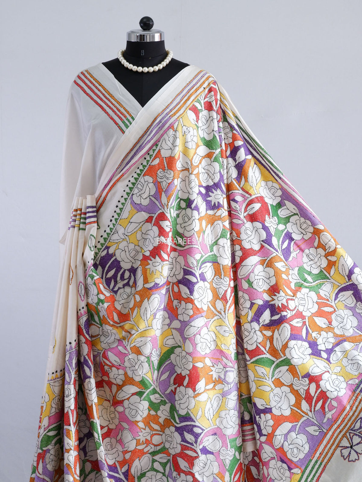 Reverse Kantha - Stitch Hand Embroidered Saree | Art Silk | Off White
