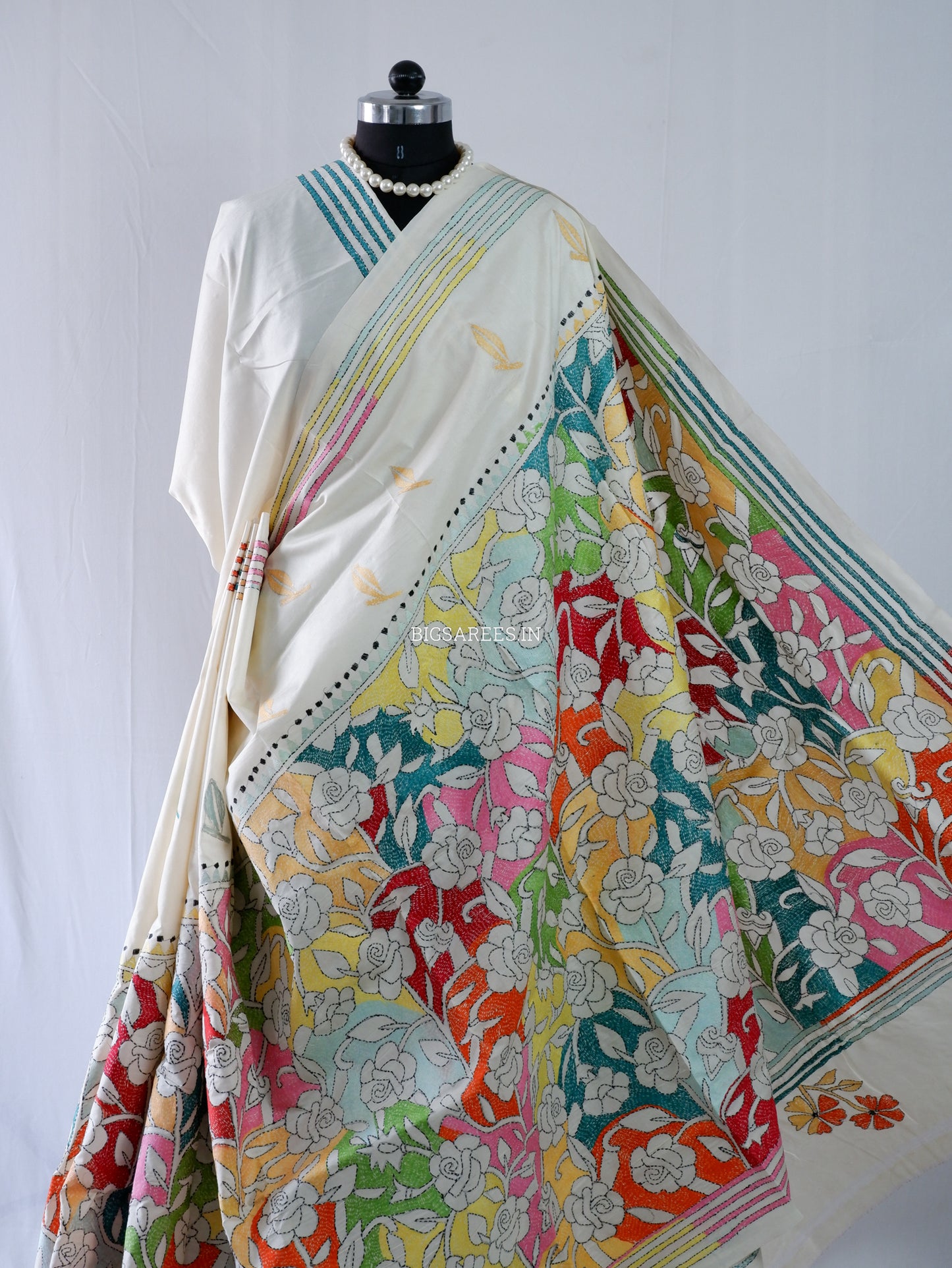 Reverse Kantha Stitch Hand Embroidered Saree | Mix Tussar Silk |  Off White