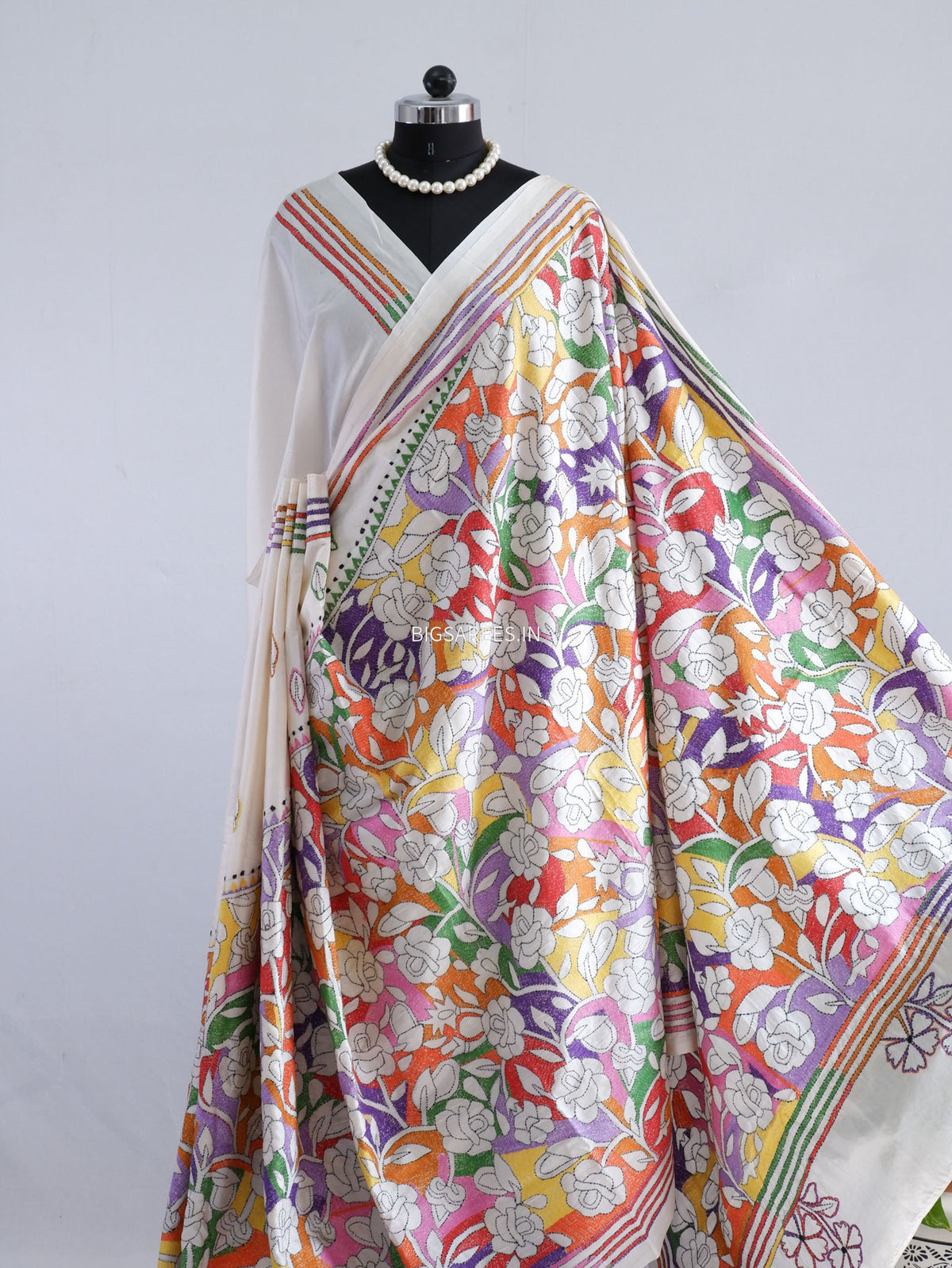 Reverse Kantha - Stitch Hand Embroidered Saree | Art Silk | Off White