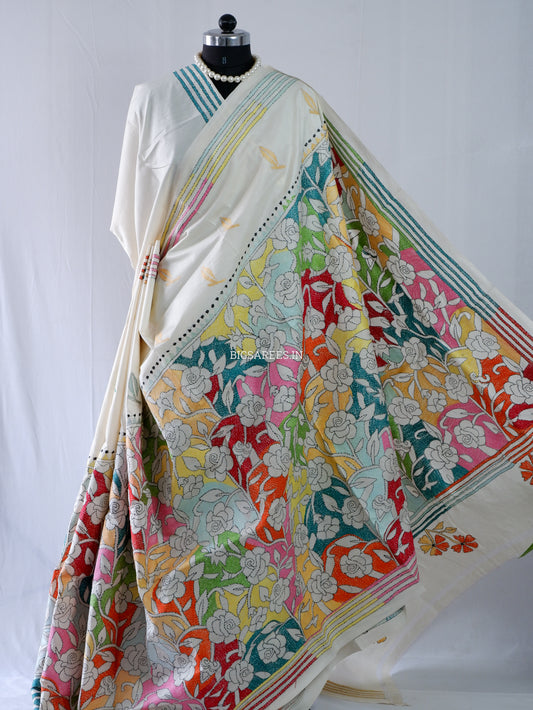 Kantha Stitch Hand Embroidered Saree | Tussar Silk |  Off White