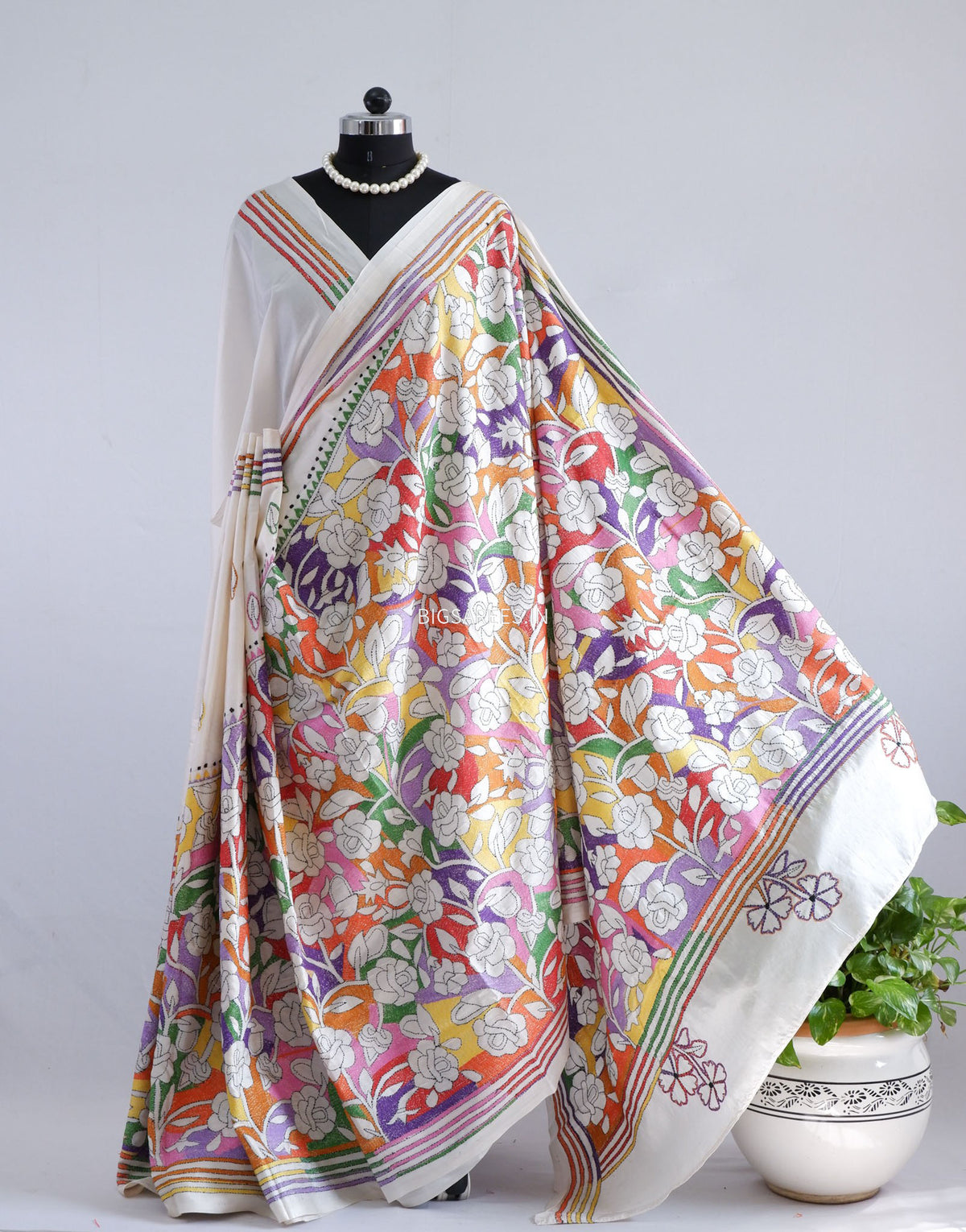 Reverse Kantha - Stitch Hand Embroidered Saree | Art Silk | Off White