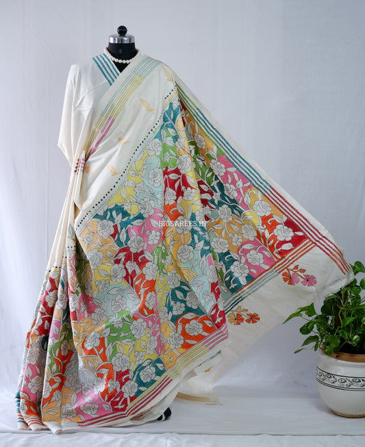 Reverse Kantha Stitch Hand Embroidered Saree | Mix Tussar Silk |  Off White