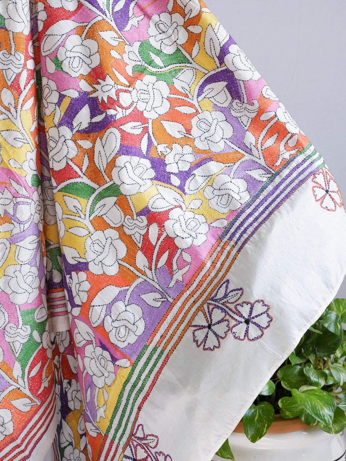Reverse Kantha - Stitch Hand Embroidered Saree | Art Silk | Off White