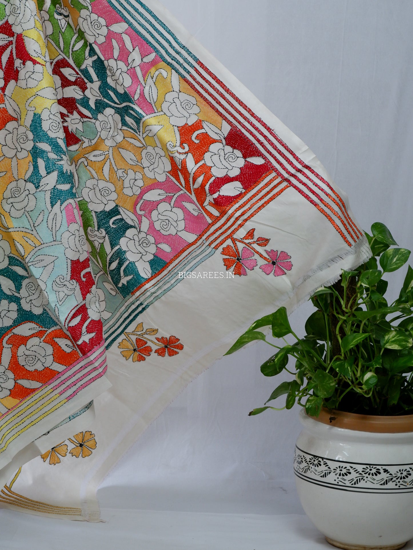 Reverse Kantha Stitch Hand Embroidered Saree | Mix Tussar Silk |  Off White