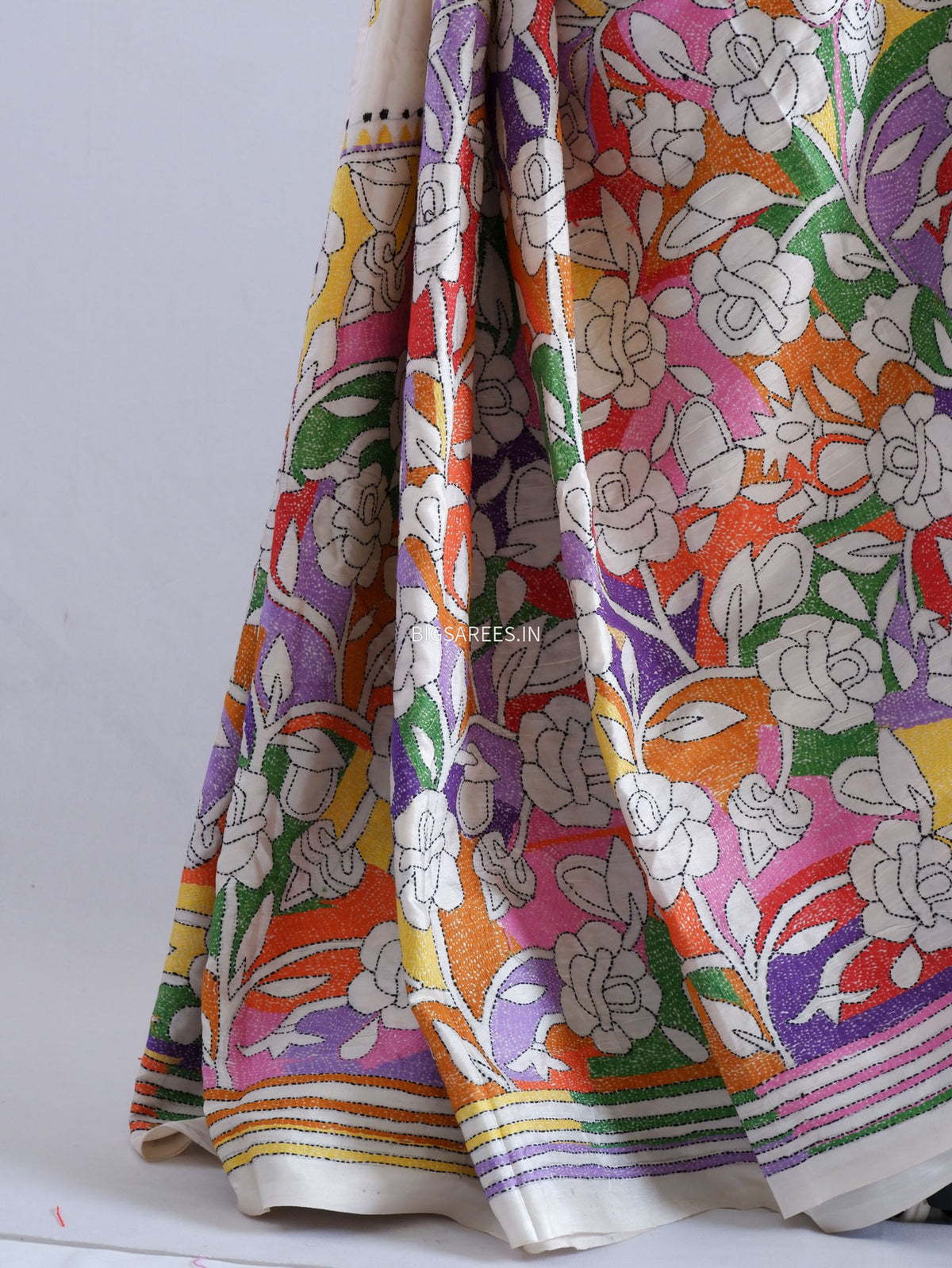 Reverse Kantha - Stitch Hand Embroidered Saree | Art Silk | Off White