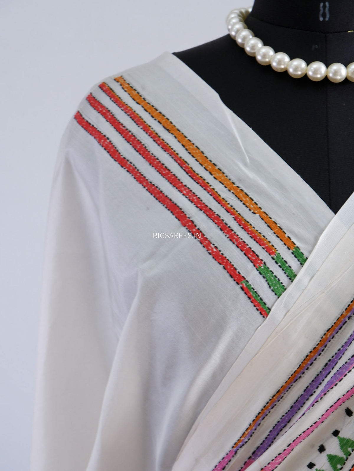 Reverse Kantha - Stitch Hand Embroidered Saree | Art Silk | Off White