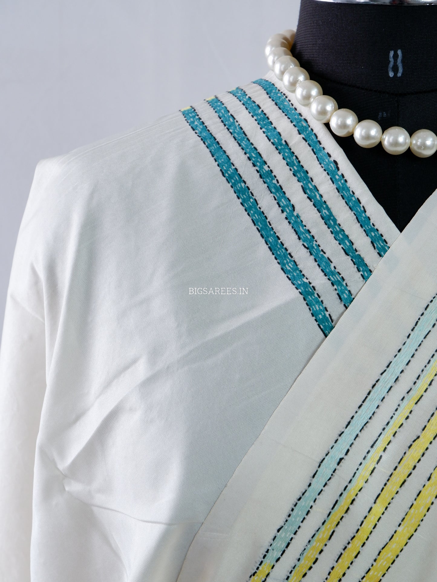 Reverse Kantha Stitch Hand Embroidered Saree | Mix Tussar Silk |  Off White