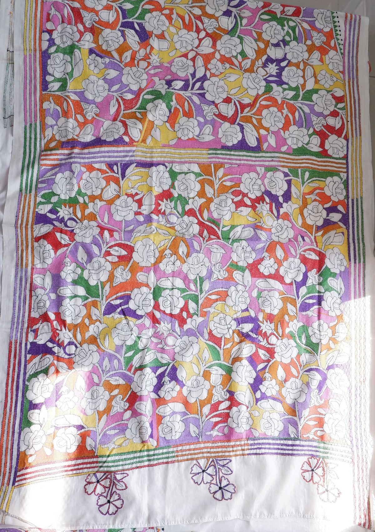 Reverse Kantha - Stitch Hand Embroidered Saree | Art Silk | Off White