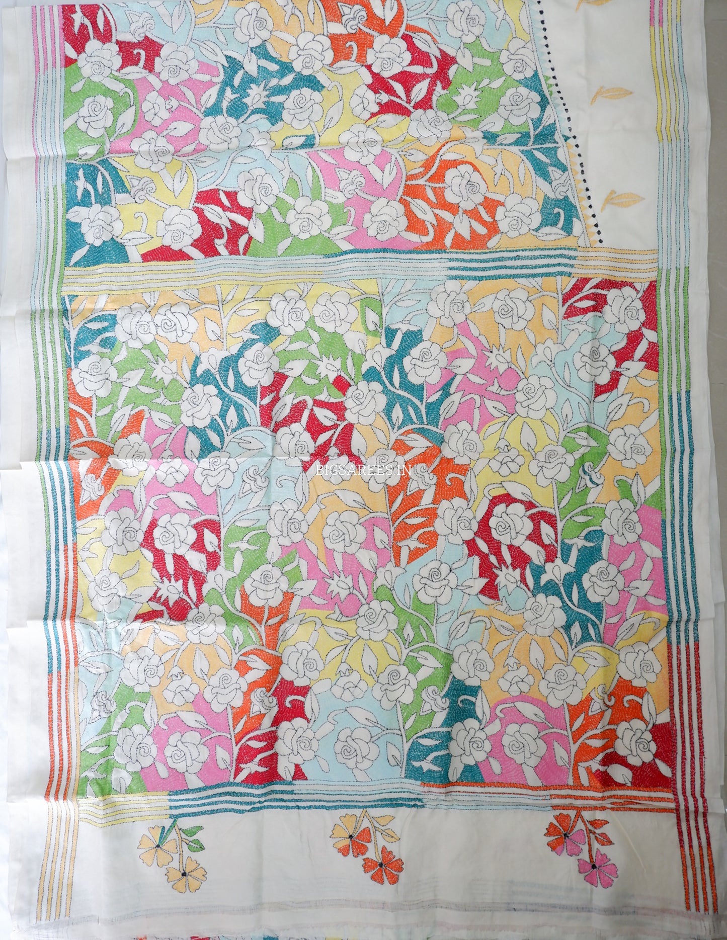 Reverse Kantha Stitch Hand Embroidered Saree | Mix Tussar Silk |  Off White