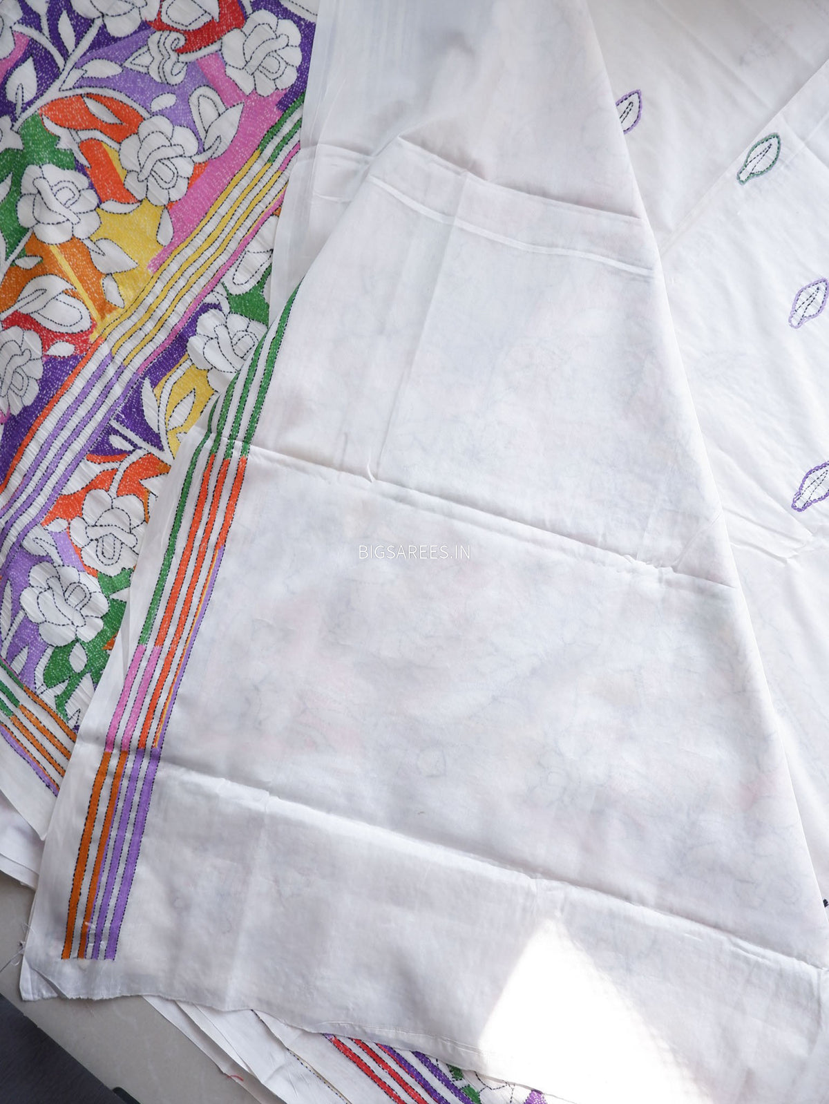 Reverse Kantha - Stitch Hand Embroidered Saree | Art Silk | Off White