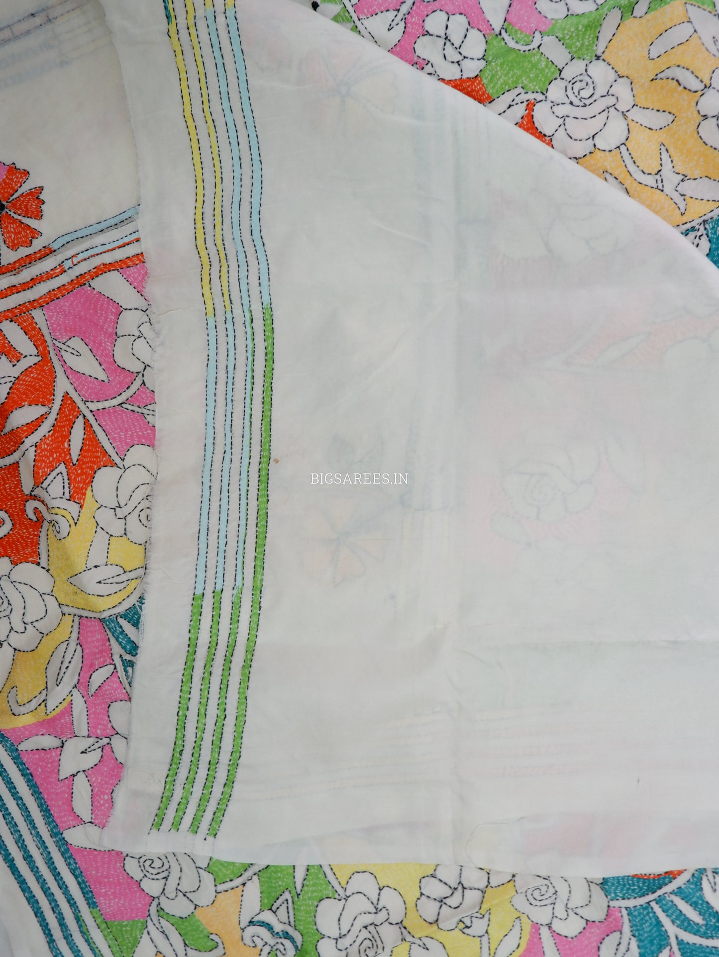 Reverse Kantha Stitch Hand Embroidered Saree | Mix Tussar Silk |  Off White