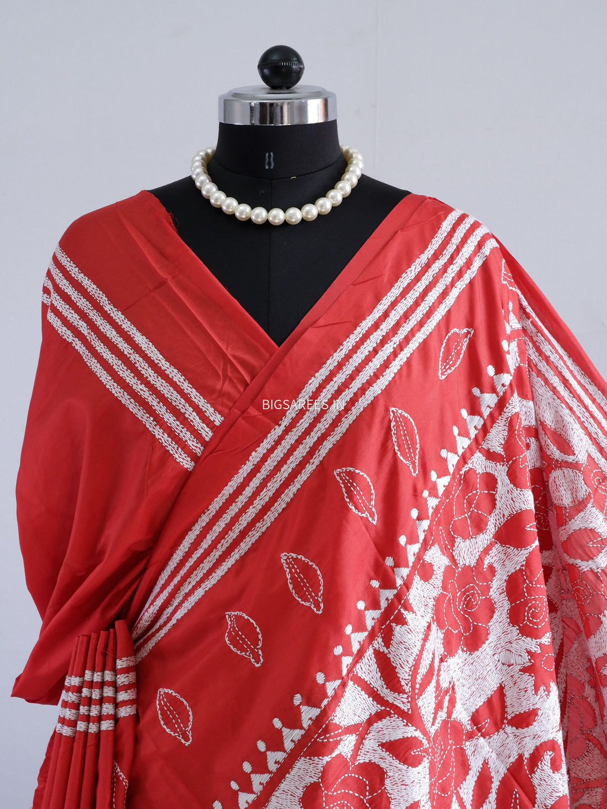 Reverse Kantha - Stitch Hand Embroidered Saree | Art Silk | Red