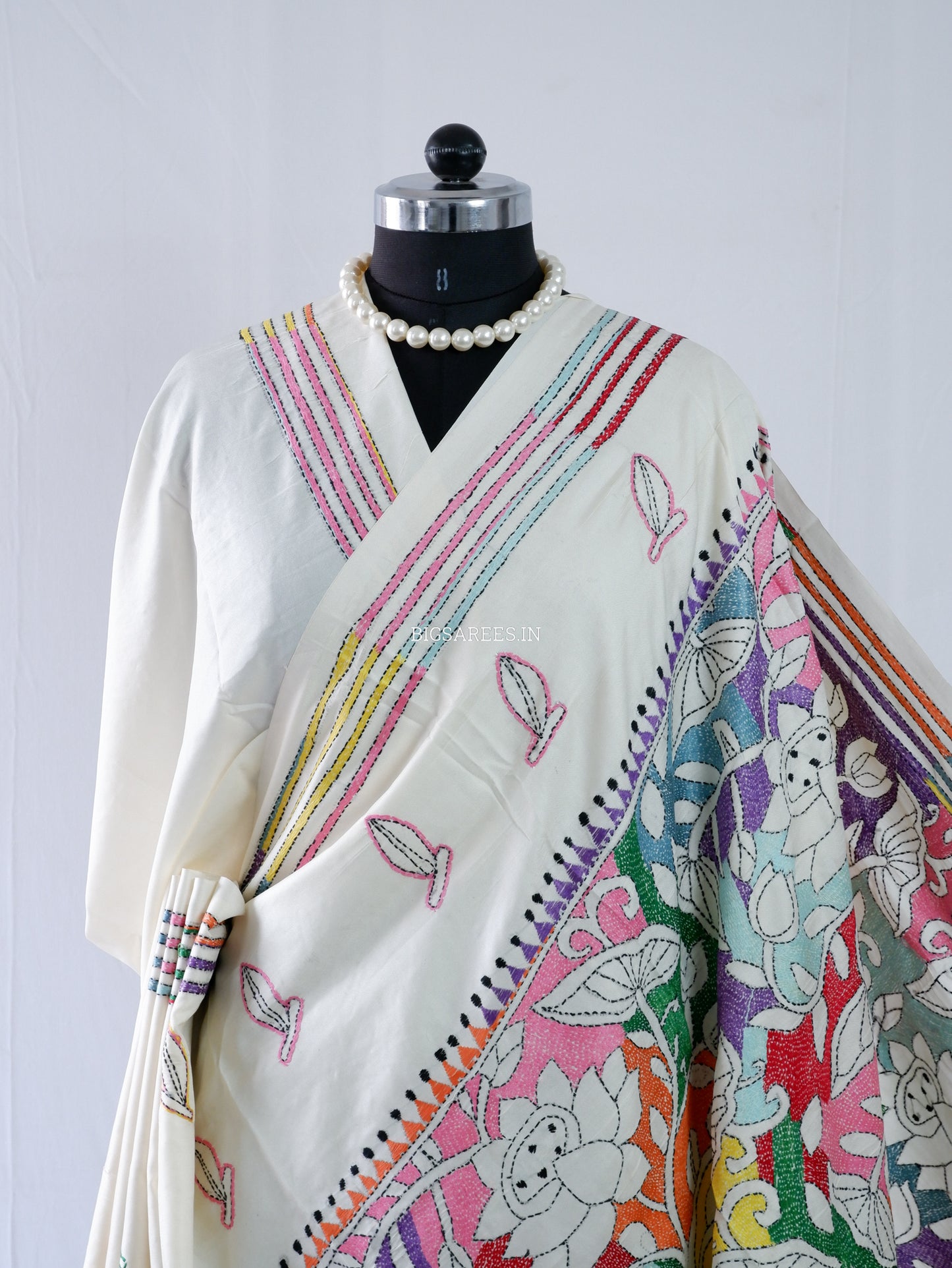 Reverse Kantha Stitch Hand Embroidered Saree | Mix Tussar Silk | Off - White