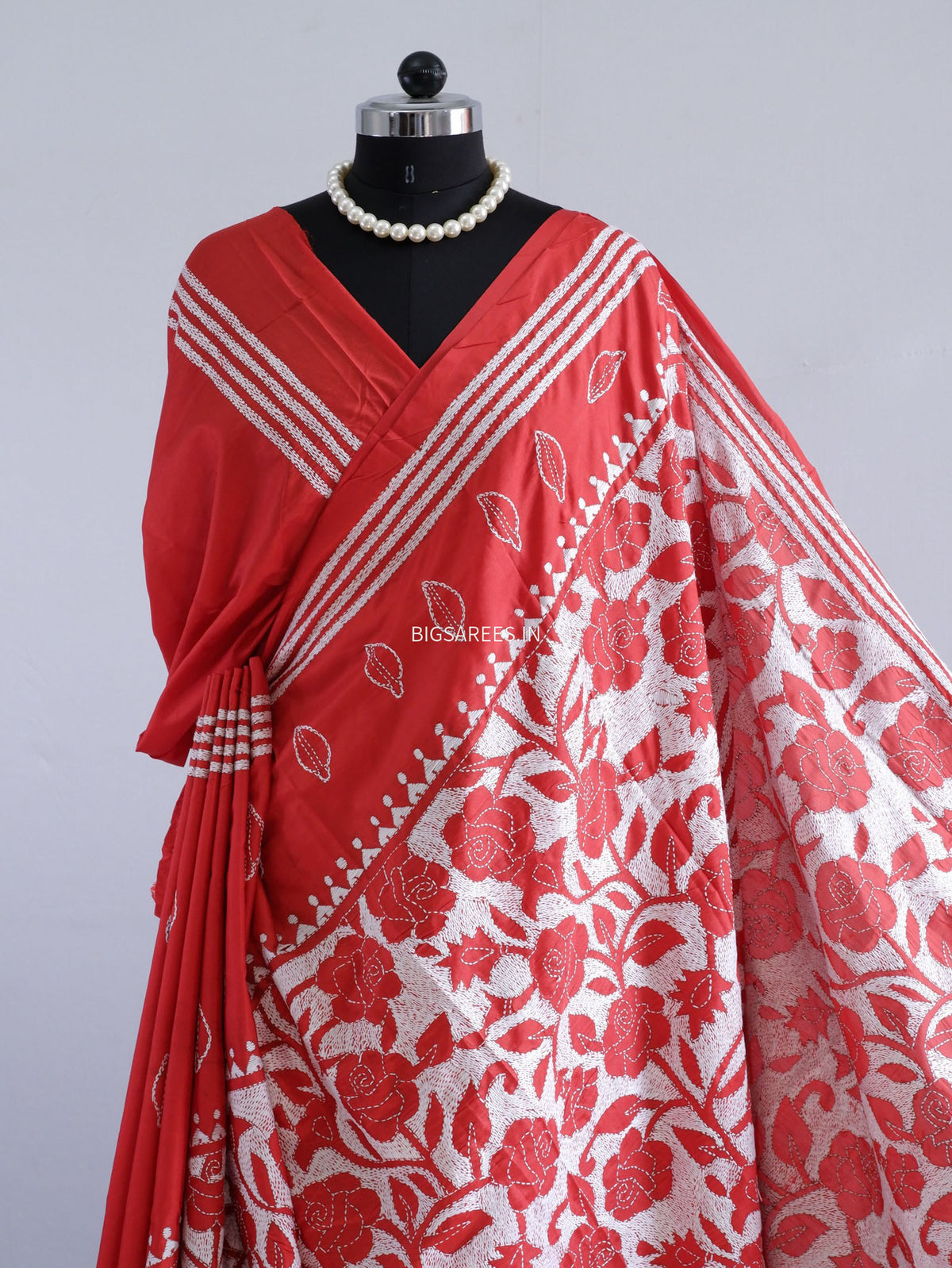 Reverse Kantha - Stitch Hand Embroidered Saree | Art Silk | Red