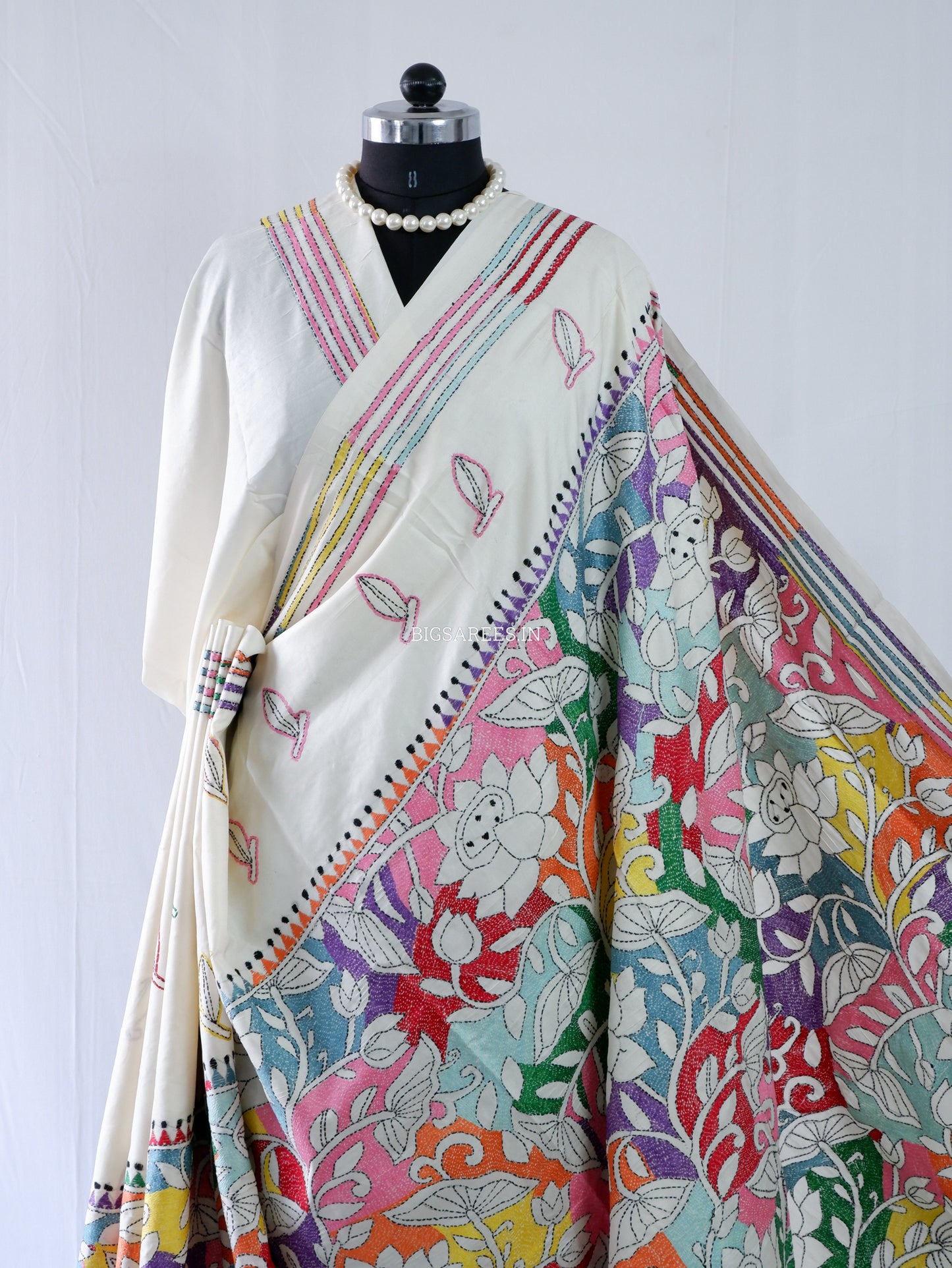 Reverse Kantha Stitch Hand Embroidered Saree | Mix Tussar Silk | Off - White