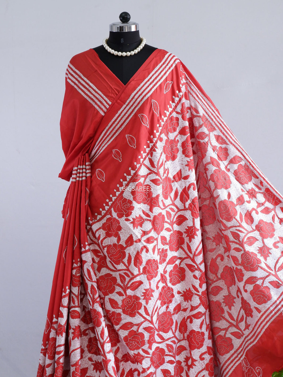 Reverse Kantha - Stitch Hand Embroidered Saree | Art Silk | Red