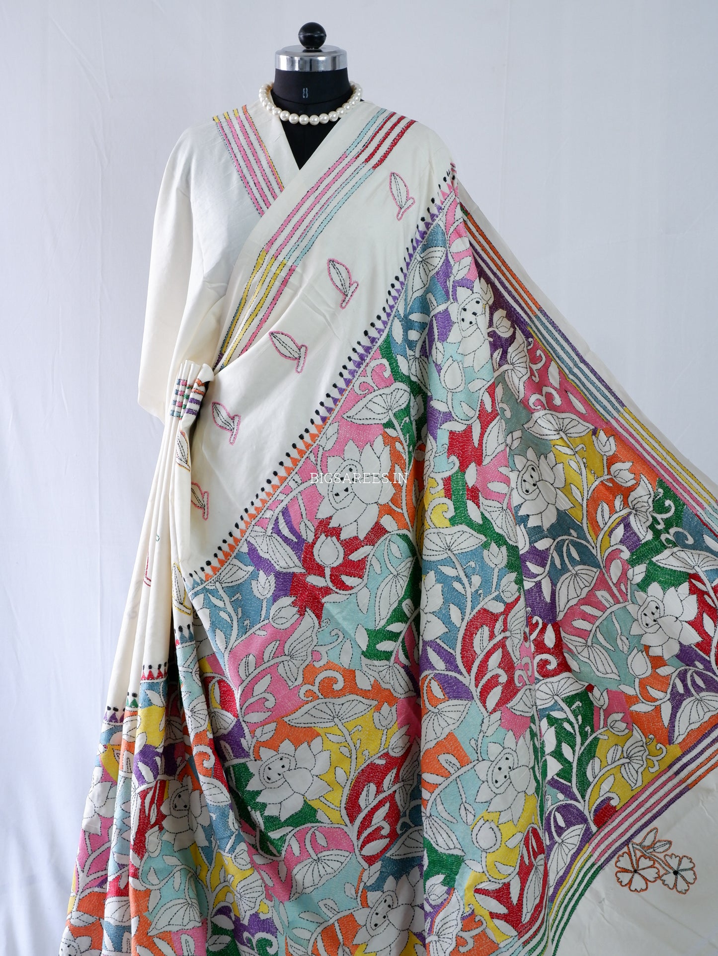Reverse Kantha Stitch Hand Embroidered Saree | Mix Tussar Silk | Off - White
