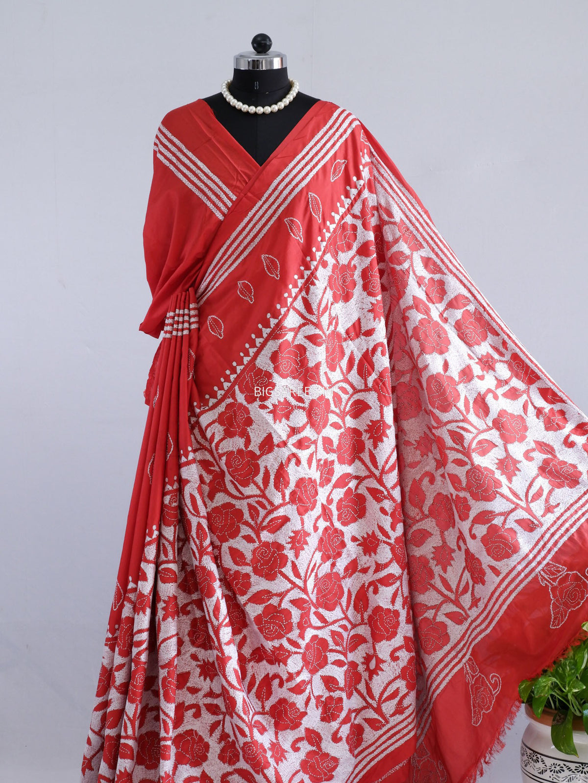Reverse Kantha - Stitch Hand Embroidered Saree | Art Silk | Red