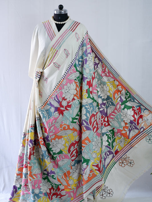 Kantha Stitch Hand Embroidered Saree | Tussar Silk | Off - White