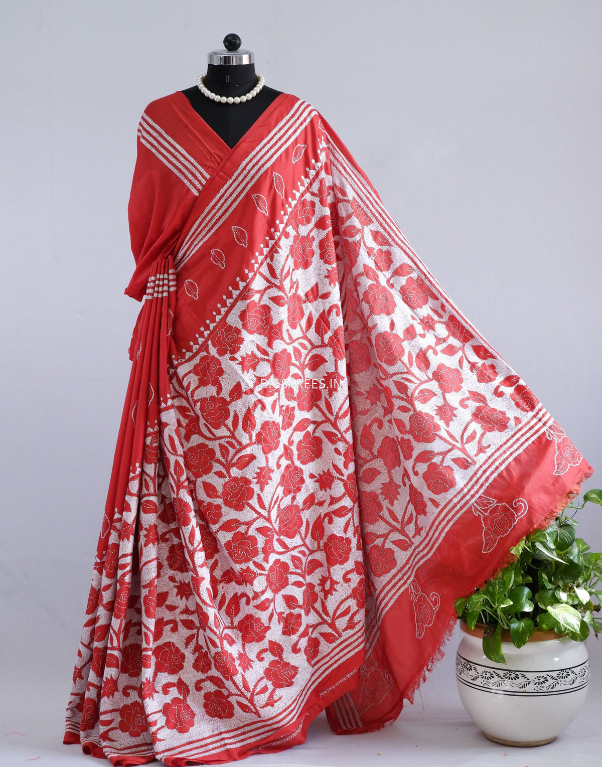 Reverse Kantha - Stitch Hand Embroidered Saree | Art Silk | Red