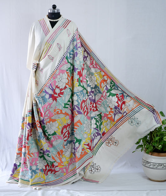Reverse Kantha Stitch Hand Embroidered Saree | Mix Tussar Silk | Off - White