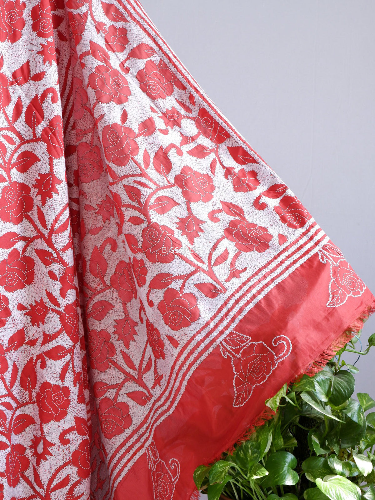 Reverse Kantha - Stitch Hand Embroidered Saree | Art Silk | Red