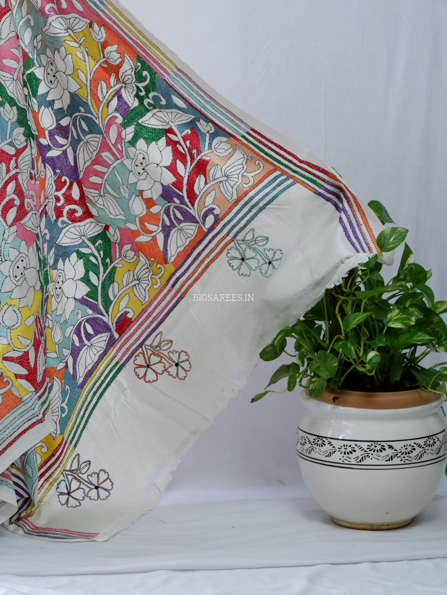 Reverse Kantha Stitch Hand Embroidered Saree | Mix Tussar Silk | Off - White