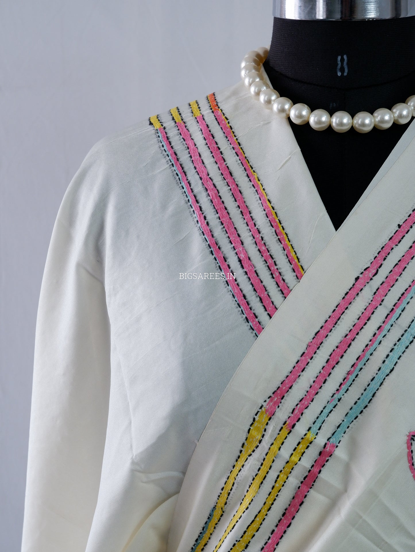 Reverse Kantha Stitch Hand Embroidered Saree | Mix Tussar Silk | Off - White