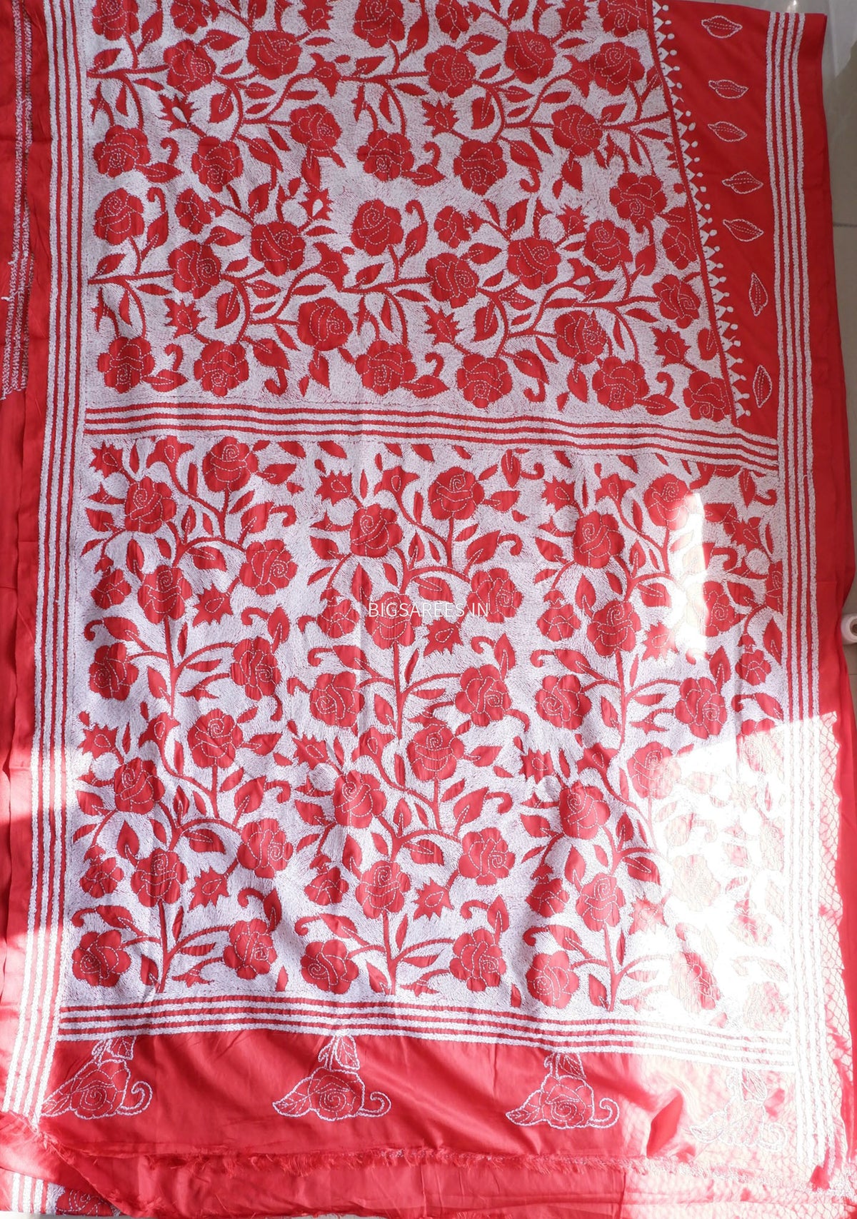 Reverse Kantha - Stitch Hand Embroidered Saree | Art Silk | Red