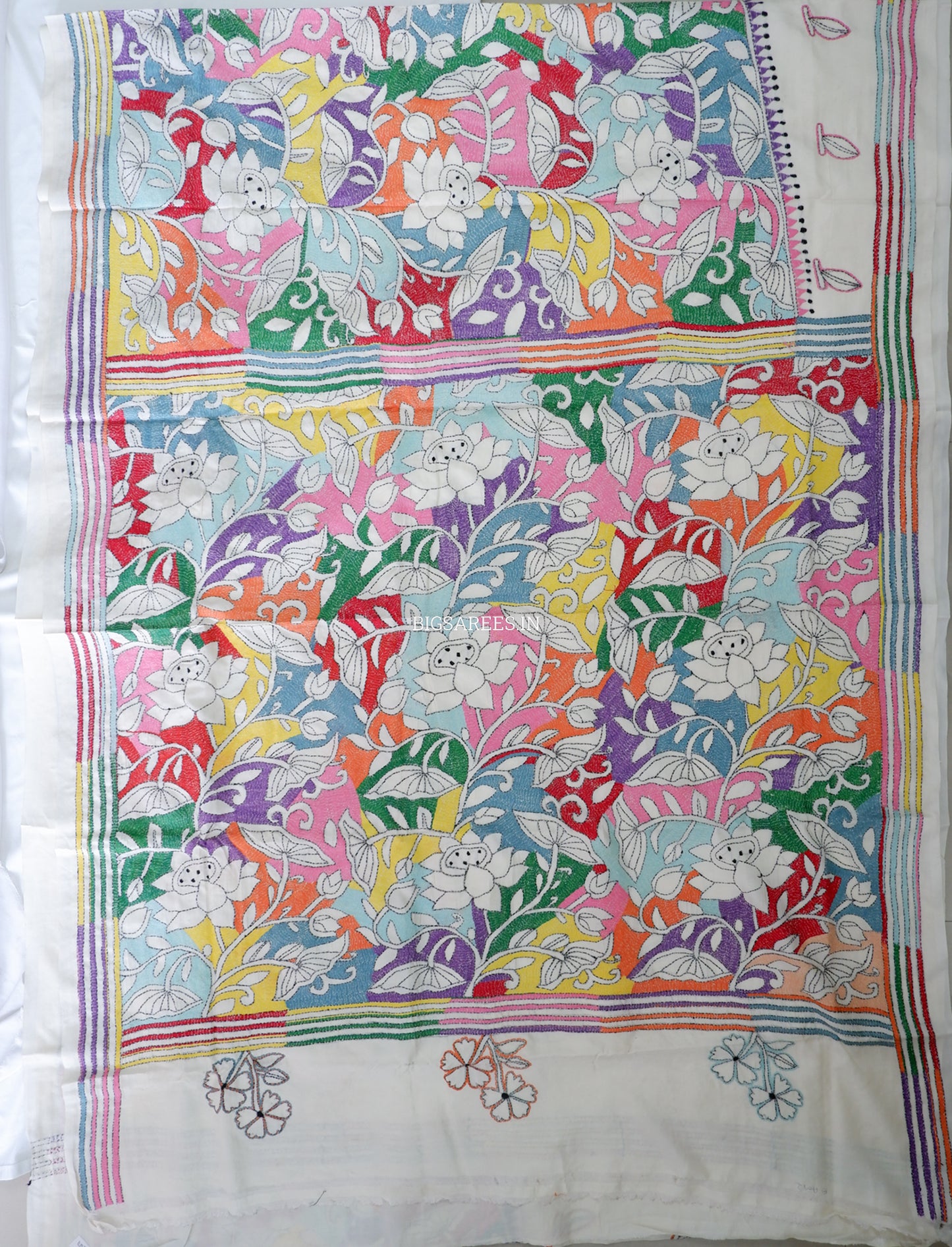 Reverse Kantha Stitch Hand Embroidered Saree | Mix Tussar Silk | Off - White