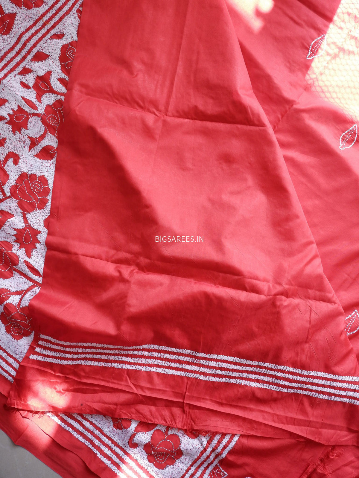 Reverse Kantha - Stitch Hand Embroidered Saree | Art Silk | Red