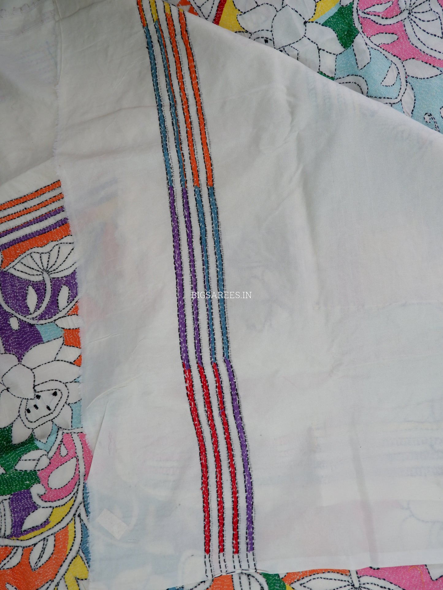 Reverse Kantha Stitch Hand Embroidered Saree | Mix Tussar Silk | Off - White