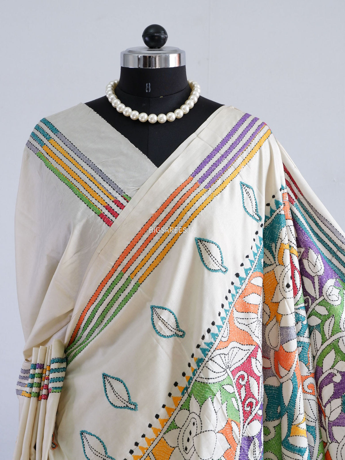 Reverse Kantha - Stitch Hand Embroidered Saree | Art Silk | Off White